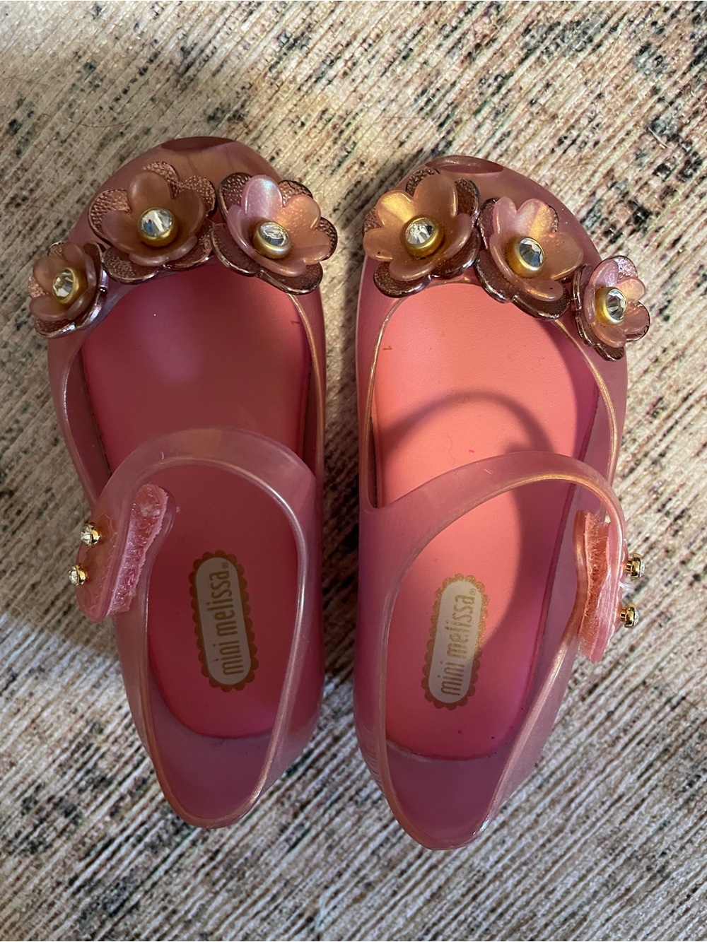 Mini Melissa Rose Pink Jelly Mary Janes with Floral Gem Accents